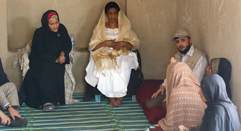 Deputy Secretary-General Amina Mohammed (left) and Phumzile Mlambo-Ngcuka (right), Executive Director of UN Women, visit a camp for internally displaced people (IDPs) in Kabul, Afghanistan. (21 July 2019)