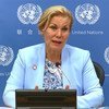 Gunilla Carlsson, Directrice exécutive par intérim de l’ONUSIDA, lors d'une conférence de presse au Siège de l'ONU à New York.
