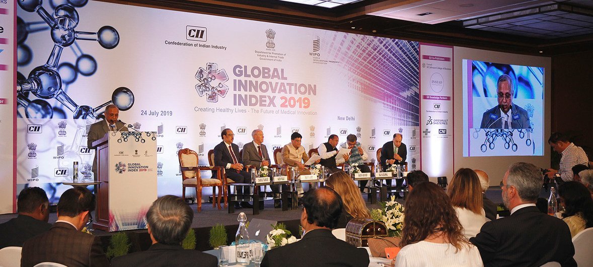 Speakers at a panel discussion at the Launch of the Global Innovation Index 2019, hosted by the Government of India in New Delhi. (24 July 2019)