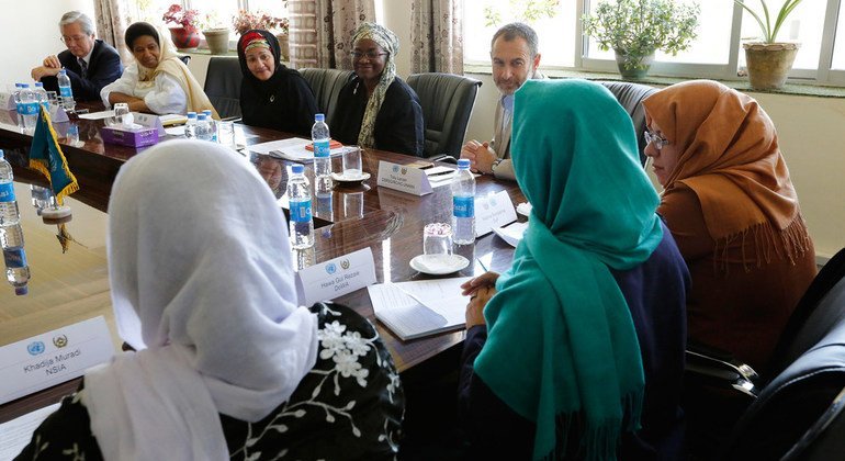 Deputy Secretary-General Amina Mohammed (3rd left) meets with a group of women from various sectors such as business, education, journalism, and security  of the Bamyan society, as well as the UN Women hackathon team, in Bamyan, Afghanistan.