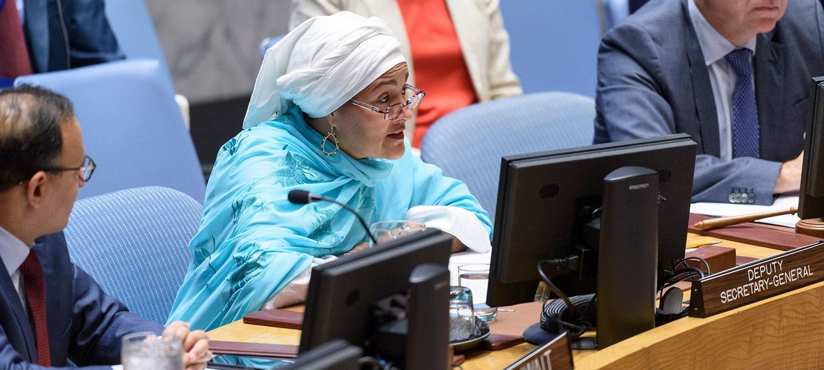 أمينة محمد، نائبة الأمين العام للأمم المتحدة، تطلع مجلس الأمن على الوضع في أفغانستان وعلى زيارتها الأخيرة للبلاد. (26 تموز/يوليو 2019)
